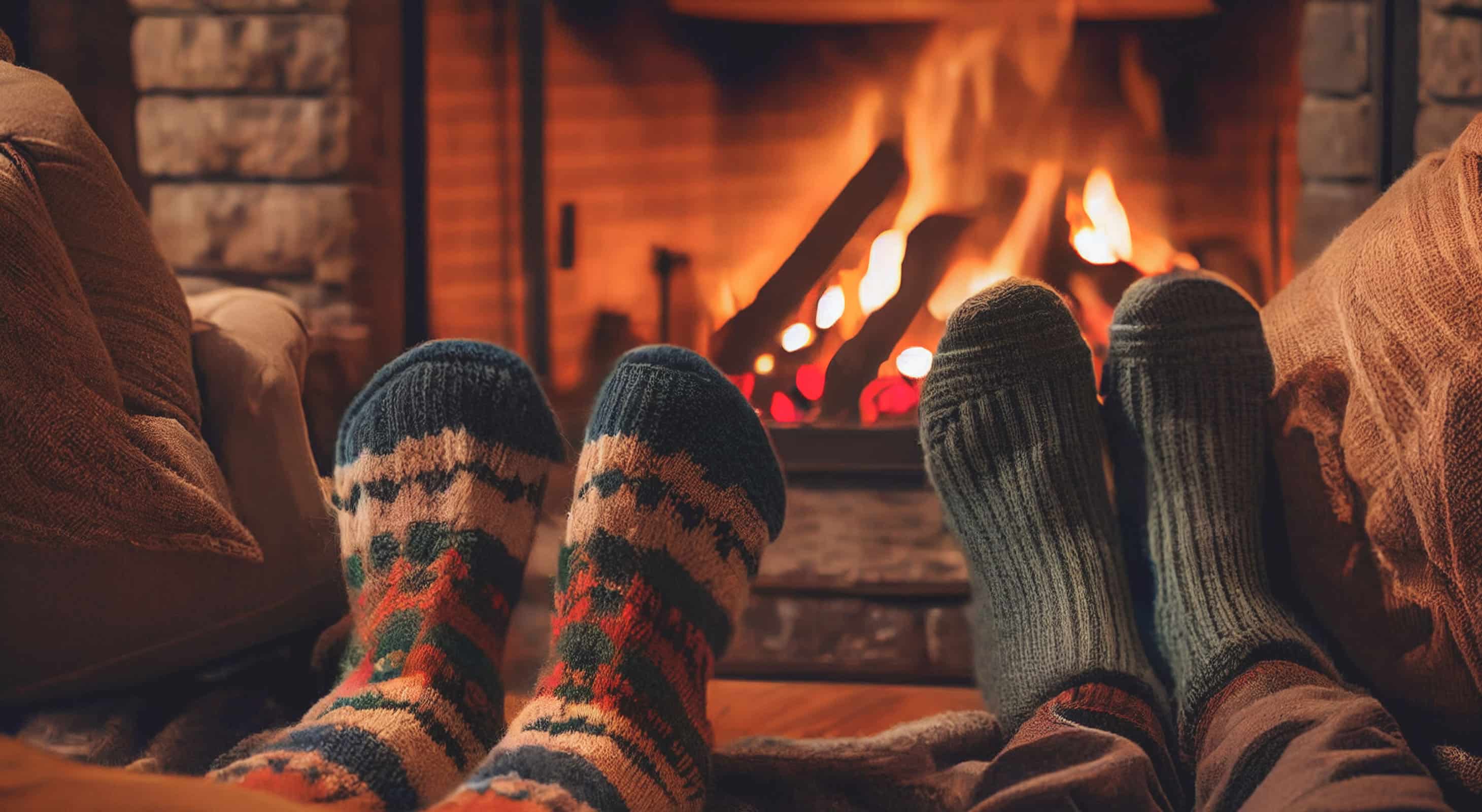 Couple warm their feet by the fire