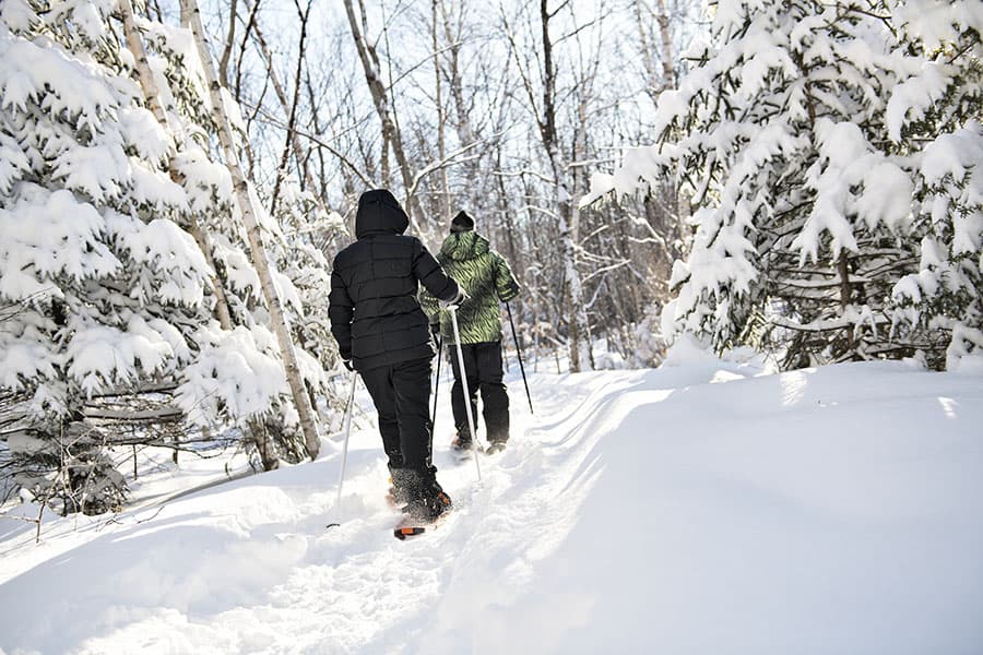Couple snowshoeing through the woods